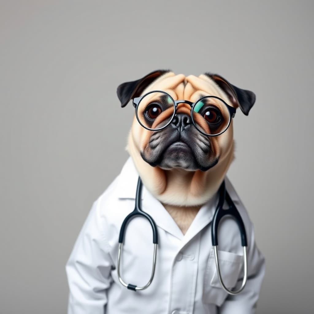 AI-generated image of a pug in a lab coat